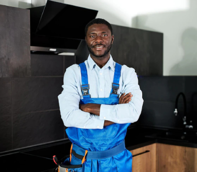 Handyman in blue overalls